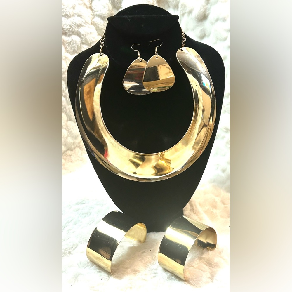 Gold Statement Fashion Jewelry Necklace Earrings and 2 Cuff Bracelets